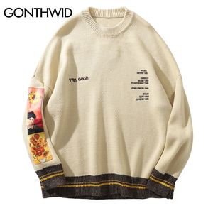 Gonthwid van Gogh Sleeve Patchwork Pullover Knit tröja Mens Hip Hop Brodery Crewneck Knitwear Sweaters Streetwear Tops 220815