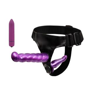 2 PZ Piccolo vibratore a proiettile Strap on Harness Doppio dildo Butt Plug Strapon Giocattoli sexy per donne Coppia lesbica adulta