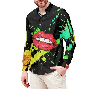 Men's Dress Shirts Fashion Streetwear Sexy Red Lip Printing Shirt Men Luxury Full Sleeve Stretch Polyester Fall ShirtMen's