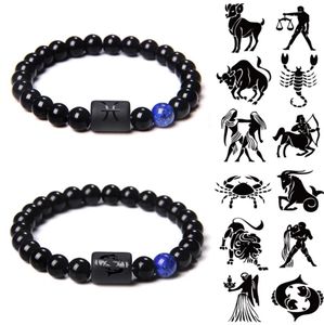 12 Constellation Bracelets Calças Casal Bangles Homens 8mm Onyx Agat Pedra Grânulos Cancro Virgem Mulheres Boa sorte Pulseira Jóias