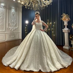 Ball Gown Wedding Dresses Crystal Pearl Beaded Long Sleeve Sweep Train Bridal Gowns Custom Made Wedding Gown