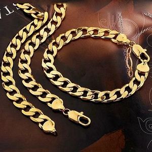 Jewelry Sets Men Bracelet Necklace Chain Link Solid Curb Chain 18k Yellow Gold Filled Classic Mens Choker Collar Wrist Gift (24in+8.6in)