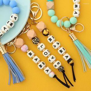 Keychains Custom Silicone Beads Leopard Mama Suede Tassel Wristlet Bracelet Key ChainKeychains