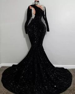 Sexy Abendkleid mit Stehkragen und langen Ärmeln, glitzerndes, schwarzes, mit Pailletten besetztes, afrikanisches Aso-Ebi-Kleid für schwarze Mädchen, Meerjungfrau, langes Abschlussball-Empfangskleid