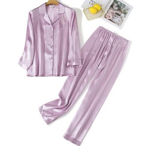 Pijamas para mulheres pijamas 100% de seda pura 19mm Sleepwear Night Suit Home Wear 2 Pieces/Set 201114