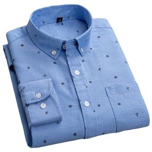 Oxford Mens Paski Koszula z długim rękawem Bawełna Business Casual Male Social Dress Shirts Flanel Button Up Longsleeve dla mężczyzn 220324