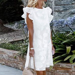Moda verão mini vestido feminino casual cor sólida o pescoço plissado design manga curta praia festa senhoras vestido branco