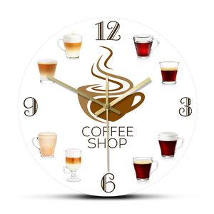 Orologi da parete Diversi tipi di caffè Orologio al quarzo silenzioso Orologio da negozio Arredamento Orologi Cafe Tempo di relax Stampa di opere d'arte OrologioOrologi da parete