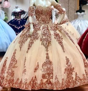 2022 Sequined Quinceanera Ball Gown Dresses Sweetheart Sequins Lace Appliques Crystal Tulle Sweet Corset Back Party Prom Evening Gowns B0620G01