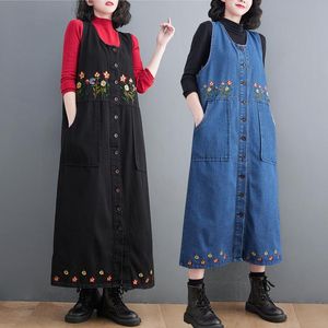 Casual Dresses Fashion Vintage Flower Embroidery Dress Women Loose Sleeveless Spring Button Pockets Jeans Denim Long Vestidos Mujer 2022Casu