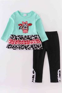 Girlymax Baby Girls Boys Mint Embroidery Cow Print Plaid T-shirt Romper Ruffles Pants Set Cotton Family Look Kids Clothing