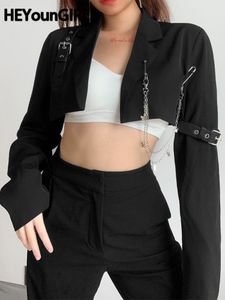 Heyoungirl Harajuku панк -цепей укороченная куртка для женщин повседневная длинная рукава супер короткий пальто дамы Готическая уличная одежда 220815