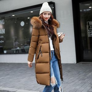 Damskie Parkas Hurtownie- 2022 Jesień Zima Big Fur Collar Z Kapturem Szczupła Długa Bawełna Wyściełana Kurtka Ciepłe Panie Płaszcz Kobieta Znosić Par