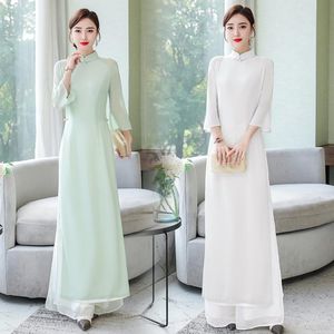 Ethnic Clothing 2022 Vietnamese Aodai Dress For Women Traditional Chinese Style Vintage Elegant Slim Qi Pao Top+pants Sets Asian Chiffon