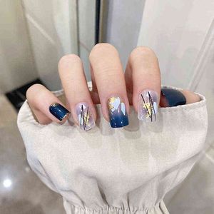 False Nails 24st Fake With Lim Blue Gold Foil Wear Short Paragraf Fashion Manicure Patch Press On Designs DL 0616