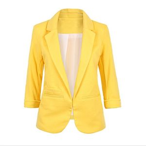 Kvinnor Fashion Blazer Jackets Office Work Open Front Notched Blazers 2019 Autumn Slim Gul Ladies Clothes Three Quarter Sleeve T200817