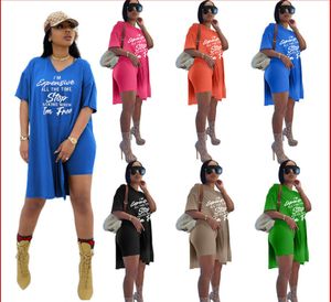 Женщины моды летние двухсекционные спортивные костюмы печатные изящные шорты с короткими рукавами среднего раскола