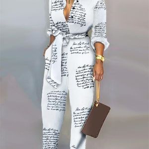 Letter Print Casual Knotted Jumpsuit Long Sleeve High Waist Street Wear Jumpsiut Romper Long Trousers T200107