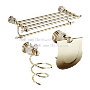 Brass Golden Color Crystal Towel Holder Wall Mount Tower Rack Paper Box Toilet Brush Set Bathroom Hardware Accessories T200425