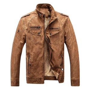 Mens Flight Pu Jacket Motorcykel Faux Leather Boys Long Sleeve Male Jacket Löst vintage tjock varm brun motojacka stor storlek L220725