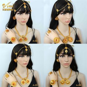 ANIID Ethiopian Gold Plated 6PCS Jewelry Sets With Red Crystal Zircon Stone Indian High Quality Necklace Set Wedding Party Gifts 220726