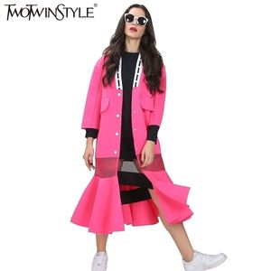 Twotwinstyle Streetwear Coat Long Trench Coat for Women Windbreaker Autumn Vneck Fishtail Hem Seethrough Grid Fashion 201030