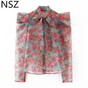 NSZ Women Floral Transparent Organza Blue Sheer Top Bow Neck Sexig Se genom skjorta Långärmad elegant toppkemis Femme T200322