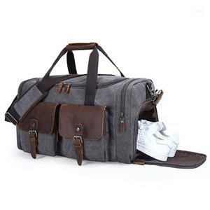 Mens Canvas Leather Travel Bags Duffle Bag Classic stor kapacitet Weekender Overnight Duffel With Shoe Pocket For Men Women1