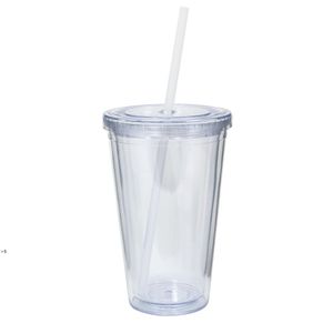 16oz Plastic Tumblers Double Wall Acrylic Clear Drinking Juice Cup With Lid And Straw Coffee Mug DIY Transparent Mugs by sea BBB15013