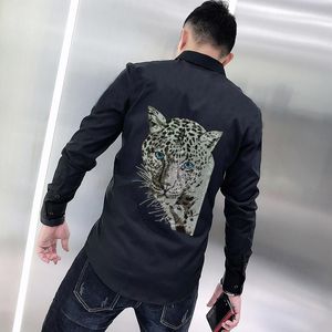 Men's Casual Shirts Customized Rhinestone Fall Men's Lapel T-Shirt Long Sleeve Diamond Style Simple Business Formal Tops DesignMen's