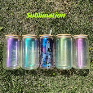 5 colors New Arrival 16oz Sublimation Iridescent glass tumbler Straight Frosted Transparent Coffee Glass mug Tumblers with Bamboo Lid And Straw