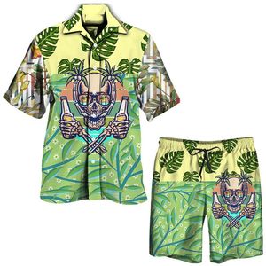 Erkek Trailtsits Yaz Men's Hawaii Seti Komik 3d Kafatası Baskılı Kısa Kollu Yakel Düğmesi Gömlek/Plaj Şortları/Takım Sıradan Yolculuk 2 Parçası