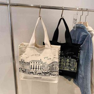 Alışveriş torbaları Kadın Edebiyat ve Sanat Omuz Tuval Çanta Moda Baskı Öğrenci Basit Kore Rahat Alışveriş Çantası Büyük Kapasiteli Tote Çanta 220331