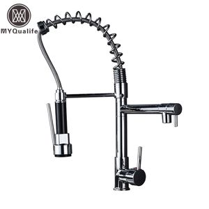 Chrome Finish Dual Spout Kitchen Sink Faucet Deck Mount Spring Kitchen Mixer Tap Kitchen Hot and Cold Water Tap T200424