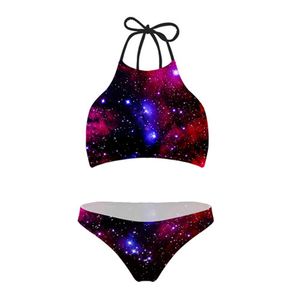 Galaxy 3D Print Sexy Halter Bikini Set Swimwear Women High Neck Bandage Swimsuit Brazilian Push Up Bathing Suit Bandage Biquini 220616