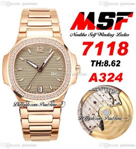 MSF 7118 A324オートマチックレディースレディースウォッチダイヤモンドベゼルローズゴールドグレーテクスチャダイヤルステンレススチールブレスレットスーパーエディション純粋なd4
