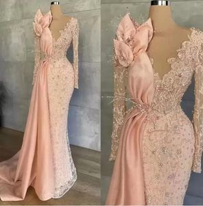 2022 Perzik roze avond Formele jurken met lange mouwen Sparkly Lace Lace kralen Illusie Mermaid Aso Ebi Afrikaanse avondjurken BC10885 B0616G02
