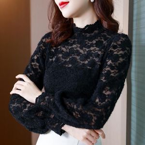 Women's T-Shirt 2022 Autumn And Winter Hollow Half High Neck Thin Bottoming Lace Shirt Fat Mm Western Style Large Size Long-sleeved