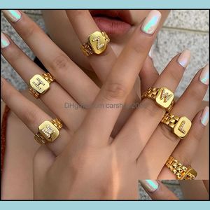 Band Rings Jewelry Adjustable 18K Gold Plated A-Z Letters Ring Watchband Square Initial Letter For Women Wholesale Drop Delivery 2021 Ejn8I