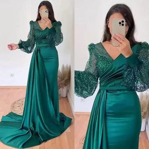 Dark Green Mermaid Evening Dresses Long Sleeves V Neck Sparkly Sequins Custom Made Plus Size Prom Party Gown vestidos Sain Formal Occasion Wear