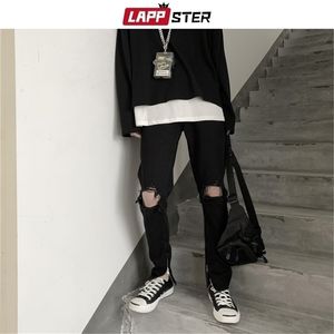 LAPPSTER Men Hip Hop Black Ripped Jeans Male Korean Streetwear Skinny Denim Pants Male Fashions High Waist Distressed Jeans 201123