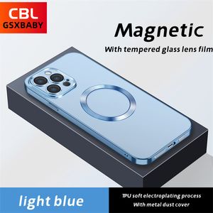 Lins Tempered Glass Plating Transparenta telefonfodral för iPhone Pro Max Pro Mag Magnetic Wireless laddning Back Cover