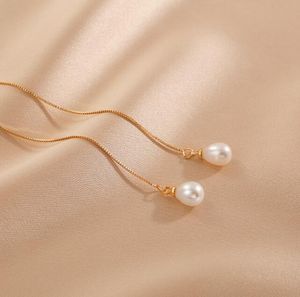 7-8mm S925 Silver Needle Ear Studs Ear Line Dangle Chandelier Natural Freshwater Pearl Earrings White Lady/Girl Fashion Jewelry