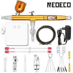 Auto Stop Function Dual-Action Airbrush With Compressor 0.2mm 0.3mm 0.5mm Gold Kit Spray Gun Power Touch Switch Cake Model 220704