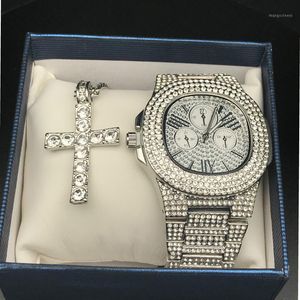 Hip Hop Jewelry Watch Diamond Ice Out Necklace Combo Set Cross Pendant Rock Rapper Men Gift