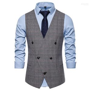Herrenwesten Westen für Männer V-Ausschnitt Britischer Stil Freizeitweste Einzigartiges Design Kleidung Anzüge Grau Kaffee Phin22