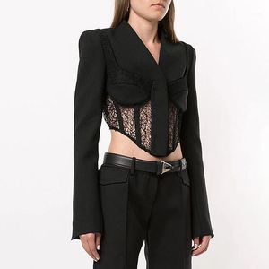 Women's Suits & Blazers 2022 Spring Niche Design Fashion Street Style Sexy V-Neck Hollow Lace Stitching Jacket Short Top Women Black Tide Cl