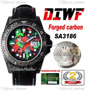 DIWF GMT II SA3186 Automatik-Herrenuhr, Kohlefasergehäuse, buntes Graffiti-Zifferblatt, schwarzes Nylonarmband, Super Edition Puretime F6