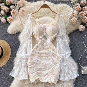 Wholesale ruched party dresses resale online - French Elegant Women Floral Lace Fairy Dress Sexy Hollow Out Long Flare Sleeve Padded Square Collar Ruched Mini Party Dress Robe m