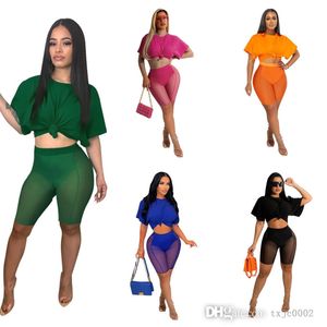 Summer Womens Clothing Sport Tracksuits 2 Piece Set Fashion Sexy Navel Exposed T Shirt Mesh Pants Shorts Outfits Sportwear